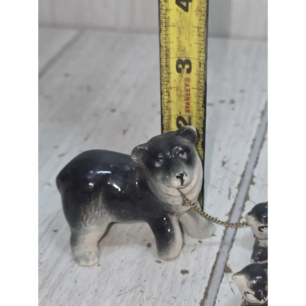 Vintage Sonsco Mama Bear 6 Cubs On Chain Japan Black Bear Family Figurines